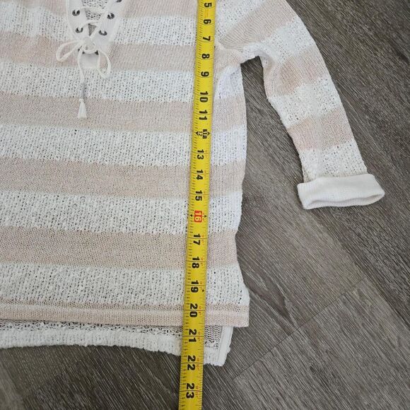 Y2K Aeropostale White Cream Striped Knit Sheer Lace Up Top Blouse - Picture 7 of 10